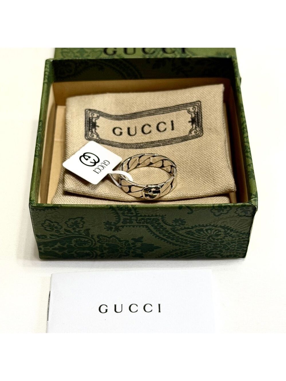 Gucci Silver Chain Ring Interlocking G Unisex Size 10